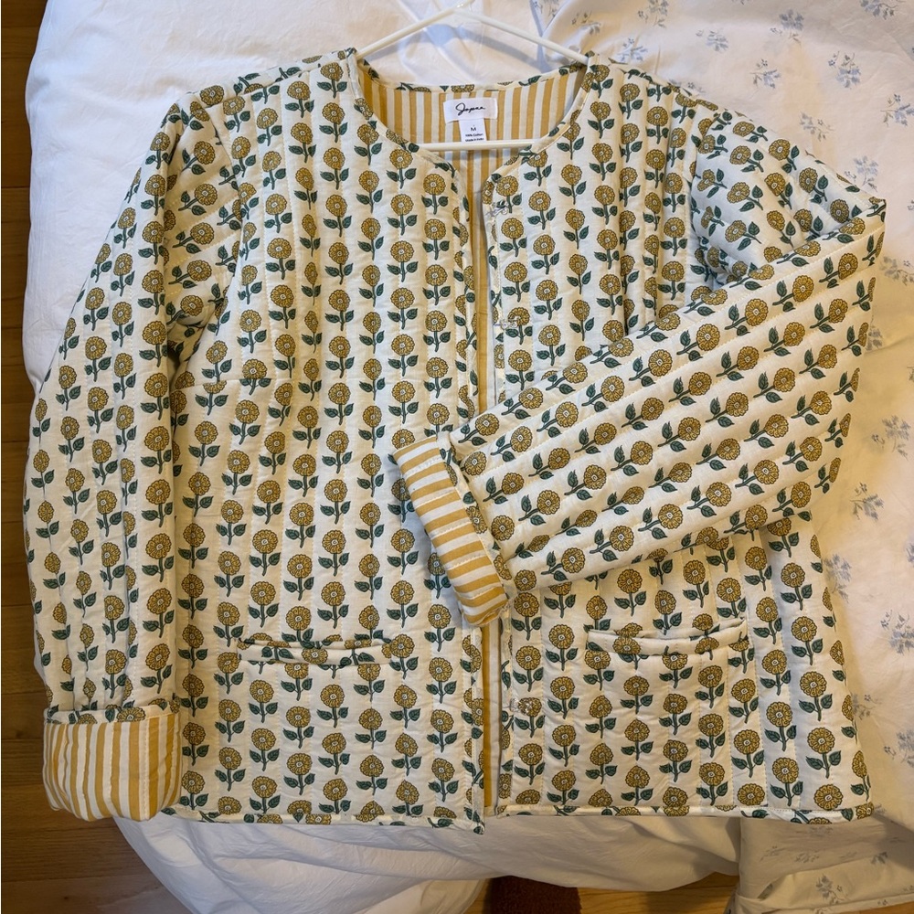 Cream and Green Floral Jacket with Striped Cuffs